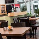A cozy hotel bar features wooden tables, modern chairs, and a well-stocked counter with glass cabinets and vibrant plants.