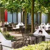 Outdoor terrace dining area with neatly set tables under lush trees, offering a serene ambiance.