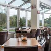 A bright breakfast restaurant with wooden tables and chairs offers a serene garden view through large glass windows.