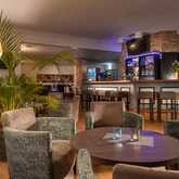 A cozy bar lounge features modern seating, ambient lighting, and a stocked bar with high stools, creating a welcoming atmosphere.
