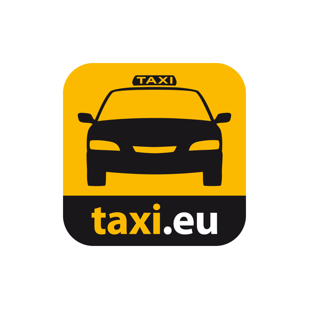 A black taxi silhouette is centered on a yellow background with "taxi.eu" written below in bold white letters.