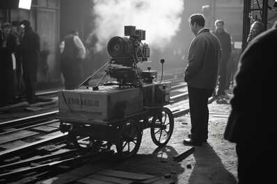 A vintage film set features a director overseeing a camera on a wheeled platform amid steam and crew activity.