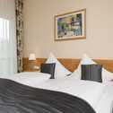 A cozy double room features a neatly made bed with elegant pillows, bedside lamps, and floral curtains.