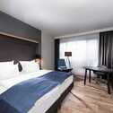 A modern executive room features a neatly made bed, a desk, and a seating area with a floor lamp by the window.