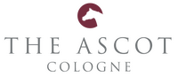 Das Logo des Ascot Hotels zeigt stilisierte Schrift in Grau mit einem roten, halbkreisförmigen Element darüber.