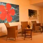 A wellness lounge features wicker chairs and tables with candles, set against a vibrant red flower artwork.