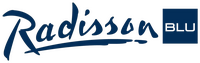 The Radisson Blu hotel logo is displayed in a sleek, blue script with a distinctive underline.